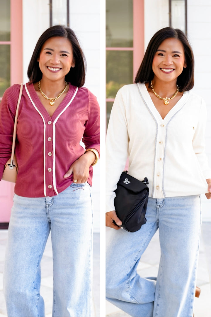 Ribbed Knit Long Sleeve Button Down Cardigan Top