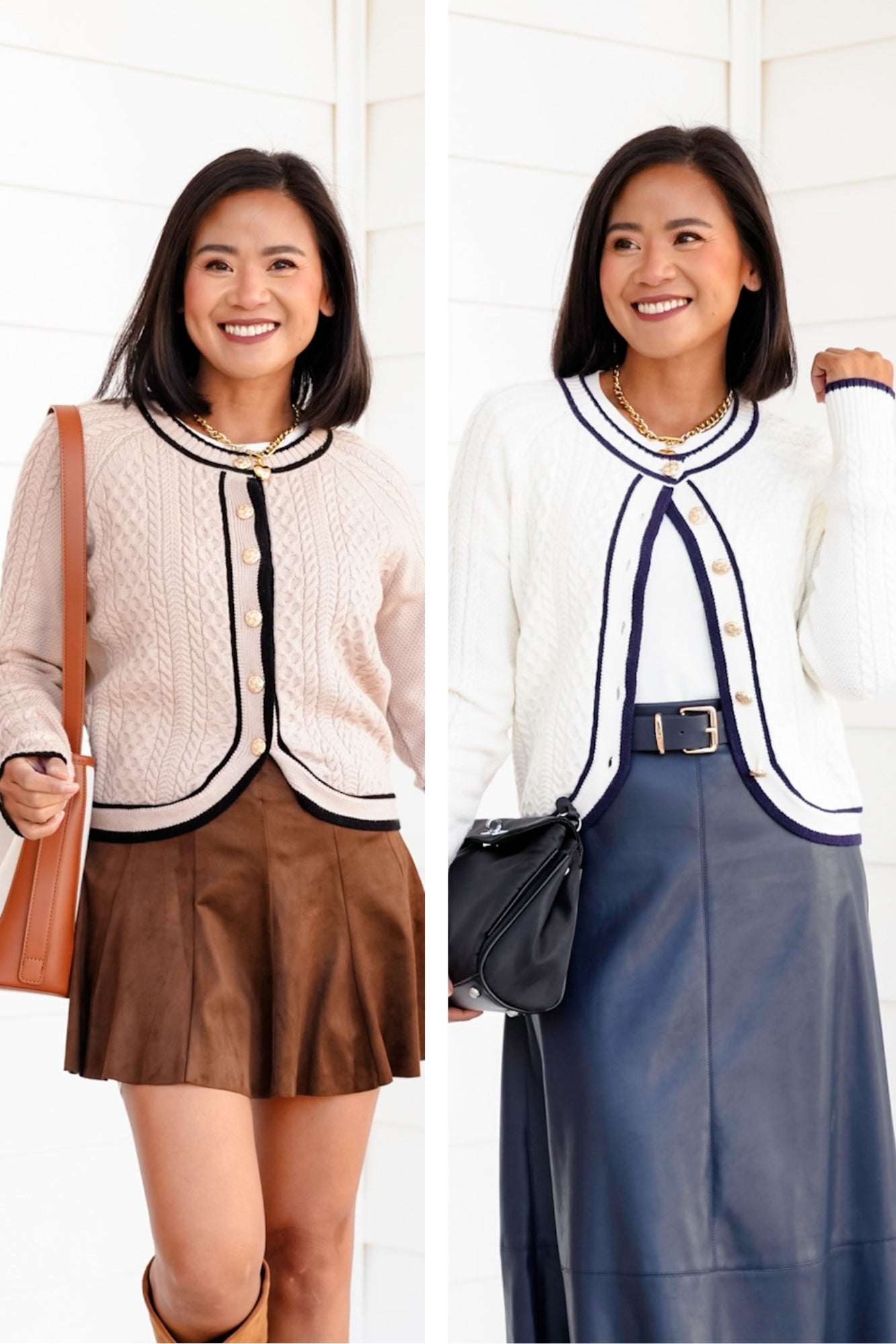 Cable Knit Button Down Cardigan with Contrast Trim