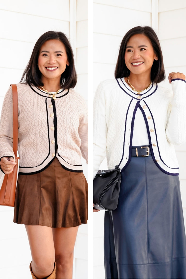 Cable Knit Button Down Cardigan with Contrast Trim