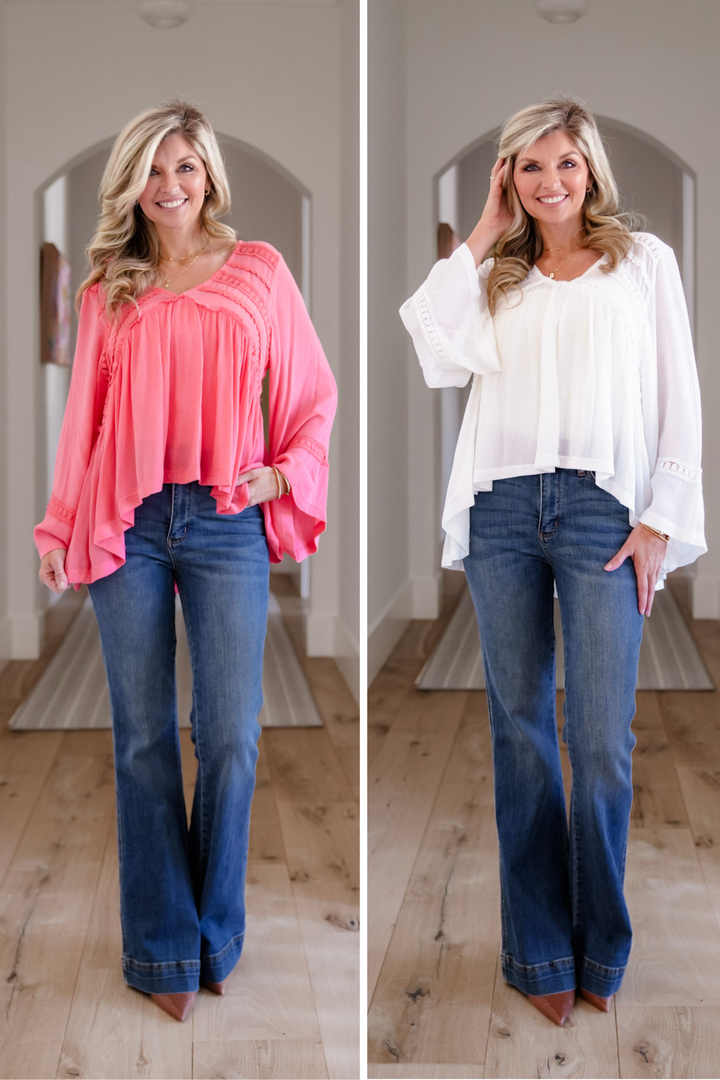 POL Solid Long Sleeve V Neck Ruffle Blouse