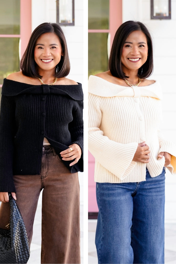 Plus/Reg Knit Long Sleeve Off-shoulder Ribbed Top