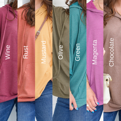 Door Buster! Plus/Reg Textured 3/4 Sleeve Hoodie Top with Front Pocket