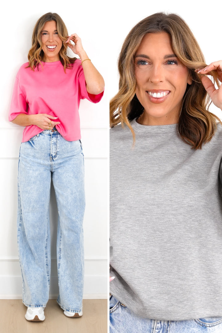 Scuba Knit Short Sleeve Drop Shoulder Basic Top