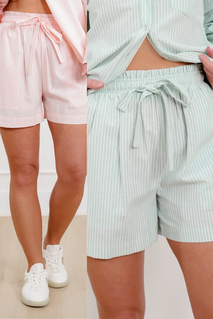 Plus/Reg Pinstripe Elastic Waist Shorts with Drawstring
