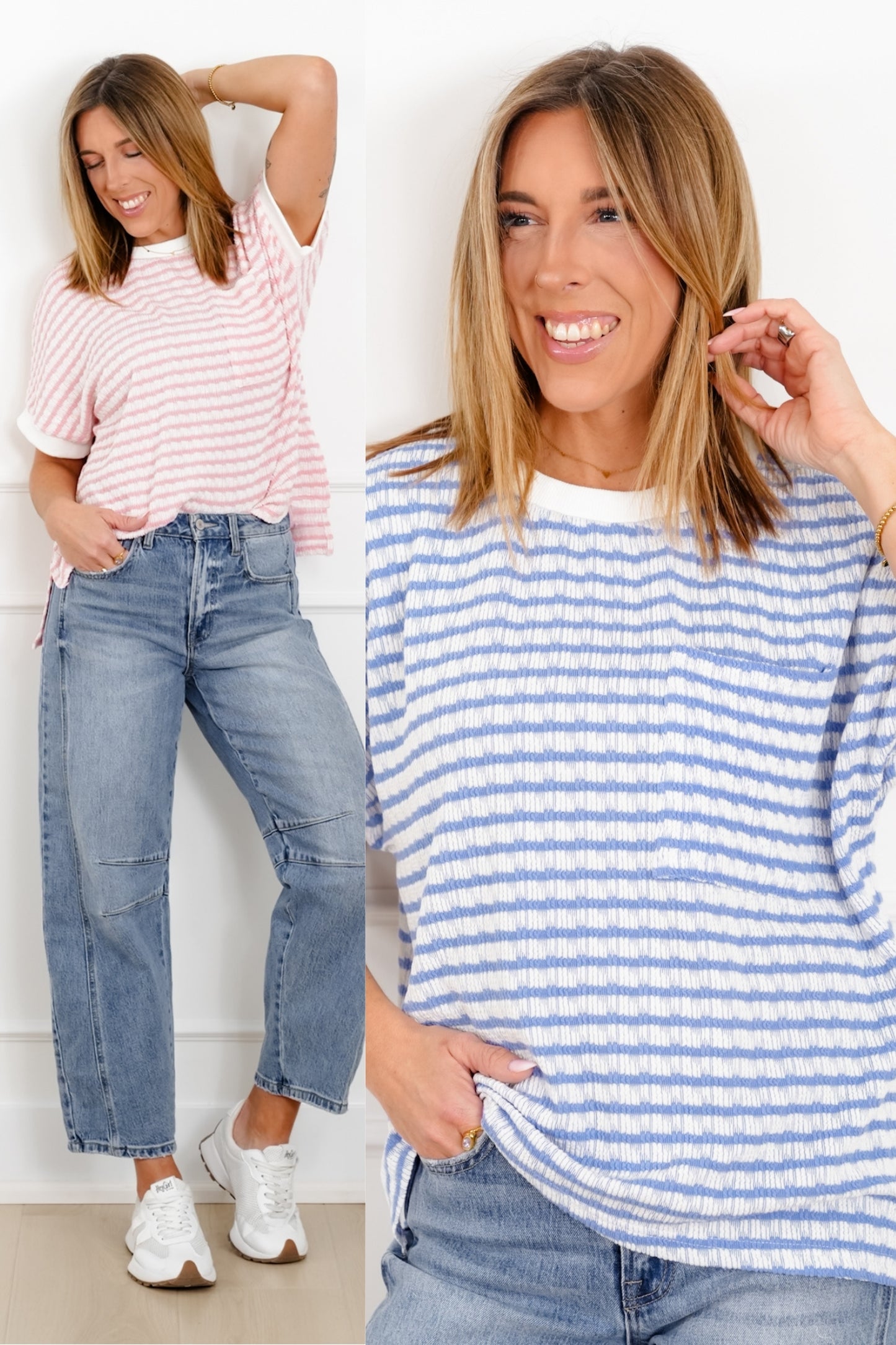 Plus/Reg Stripe Knit Short Sleeve Top with Contrast Trim