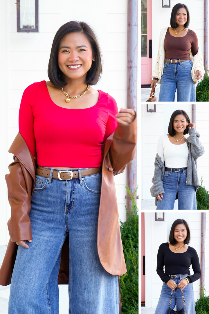 Solid Long Sleeve Scoop Neck Crop Top