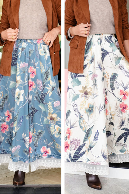 Floral Print Elastic Waist Wide Leg Pants with Lace Trim