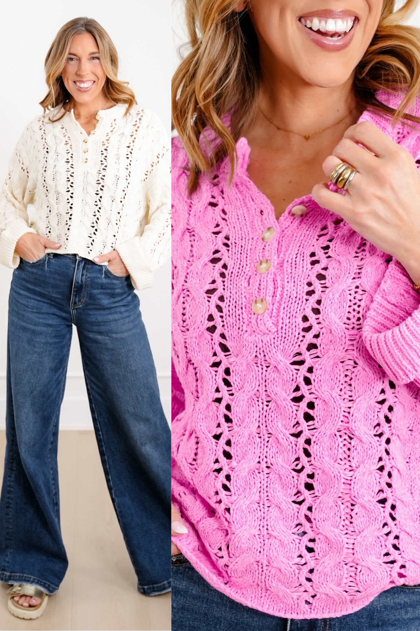 Loose Knit Long Cuffed Sleeve Button-Up Sweater