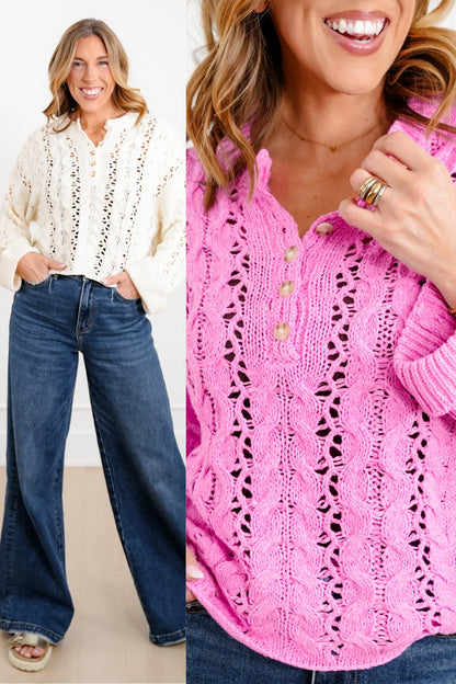 Loose Knit Long Cuffed Sleeve Button-Up Sweater