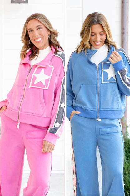 POL Long Sleeve Zip Up Sweatshirt with Star Print