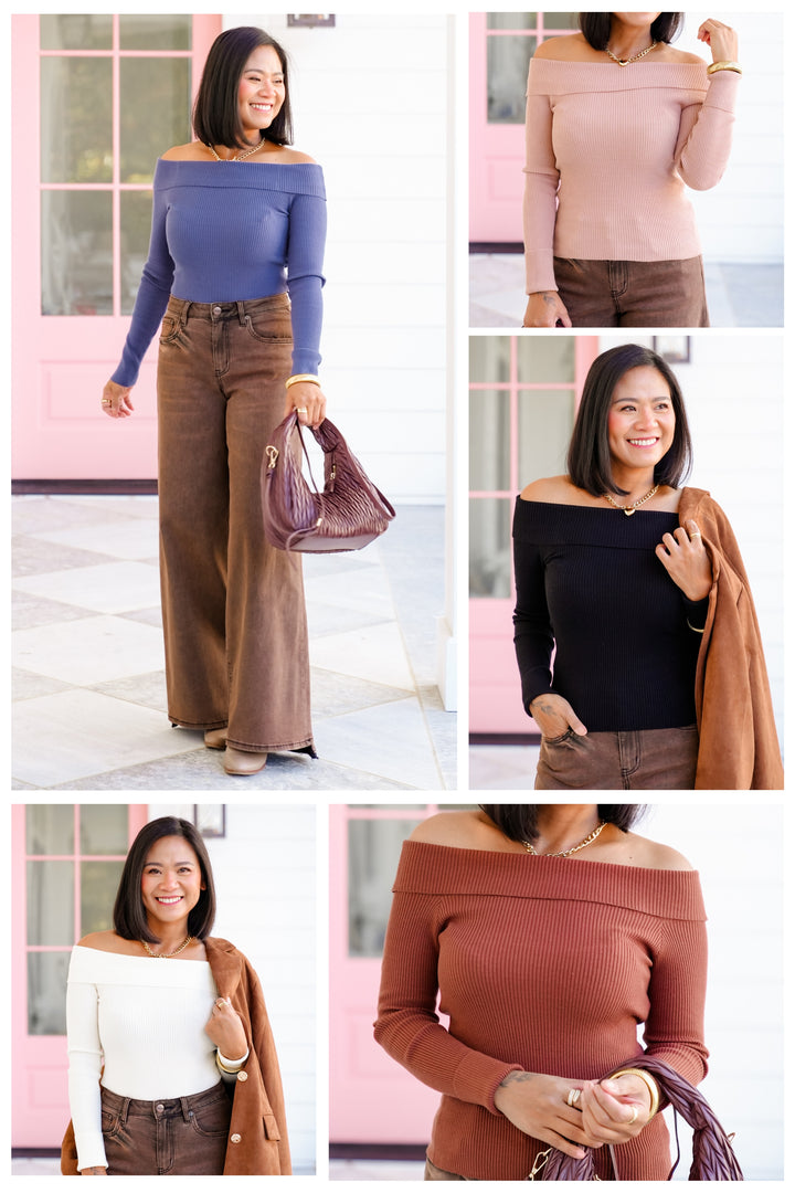 Ribbed Knit Long Sleeve Off Shoulder Top