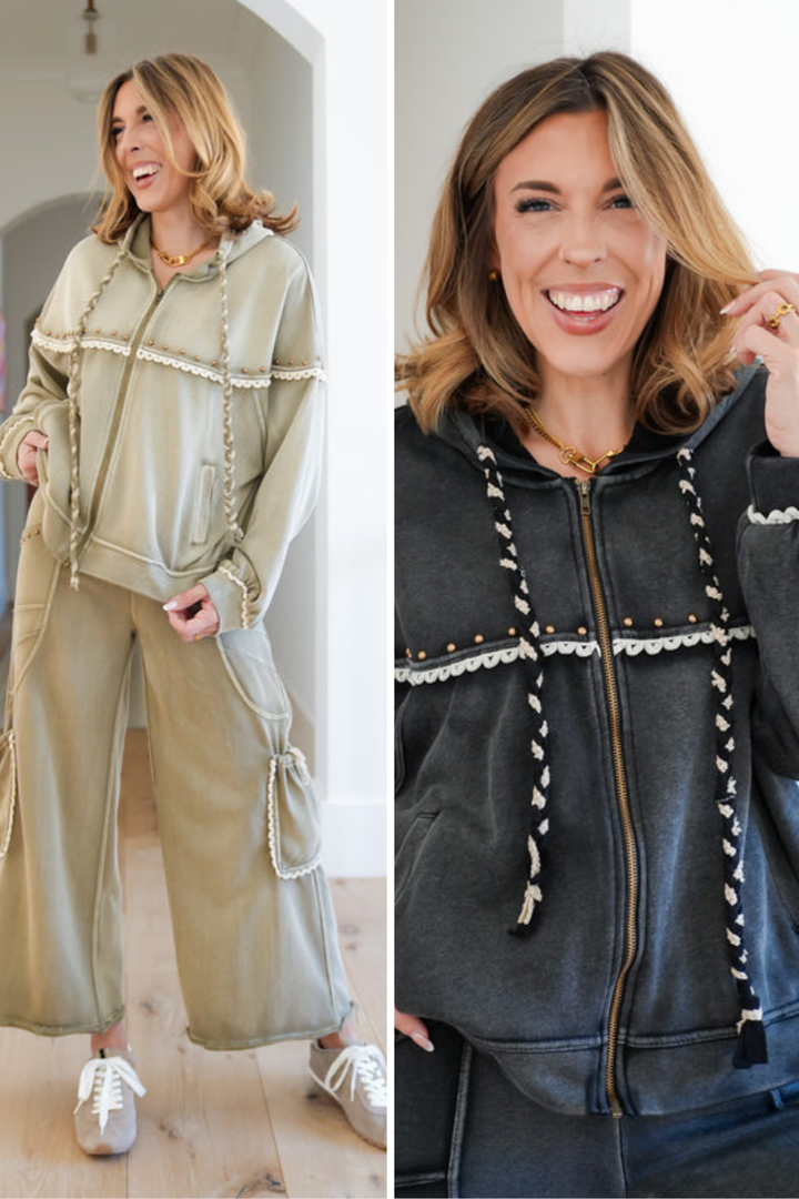 POL Washed Long Sleeve Zip-Up Hoodie with Stud Trim