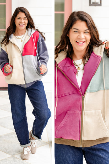 Mineral Wash Color Block Long Sleeve Zip-Up Hoodie