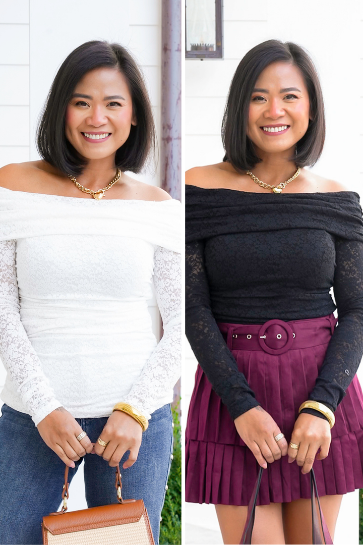 Lace Off Shoulder Long Sleeve Top with Ruched Side