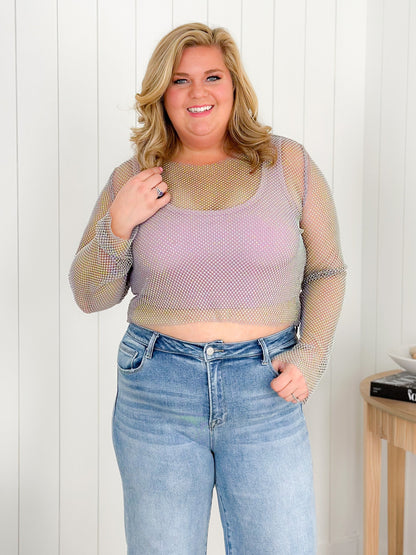 Metallic Rhinestone Mesh Long Sleeve Top (Multiple Colors)