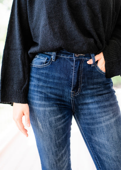 Risen Hot n Cold Vintage Dark Wash Frayed Hem Flare Jeans