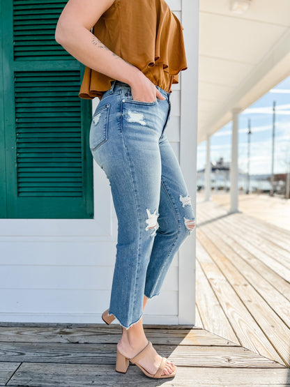 Judy Blue  Look At Me Now Medium Wash Mid Rise Distressed Cropped Straight Leg Jeans