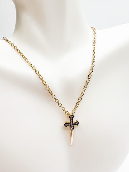 Love, Poppy Spike Black Crystal Cross Necklace