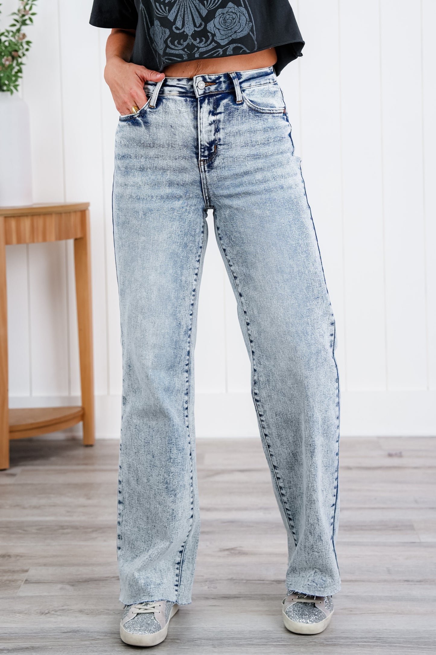 Judy Blue  Bad Blood High Rise Light Mineral Wash Raw Hem Wide Leg Jeans