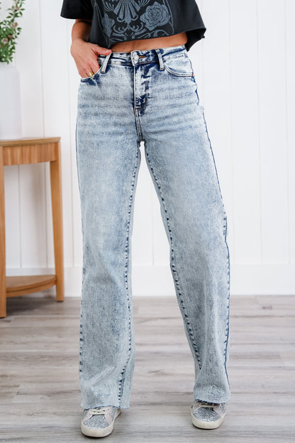 Judy Blue  Bad Blood High Rise Light Mineral Wash Raw Hem Wide Leg Jeans