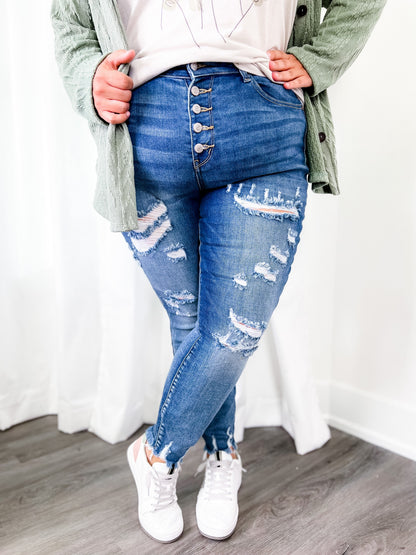 Judy Blue Wish Upon a Star  Medium Wash Distressed Skinny Button Fly Jeans
