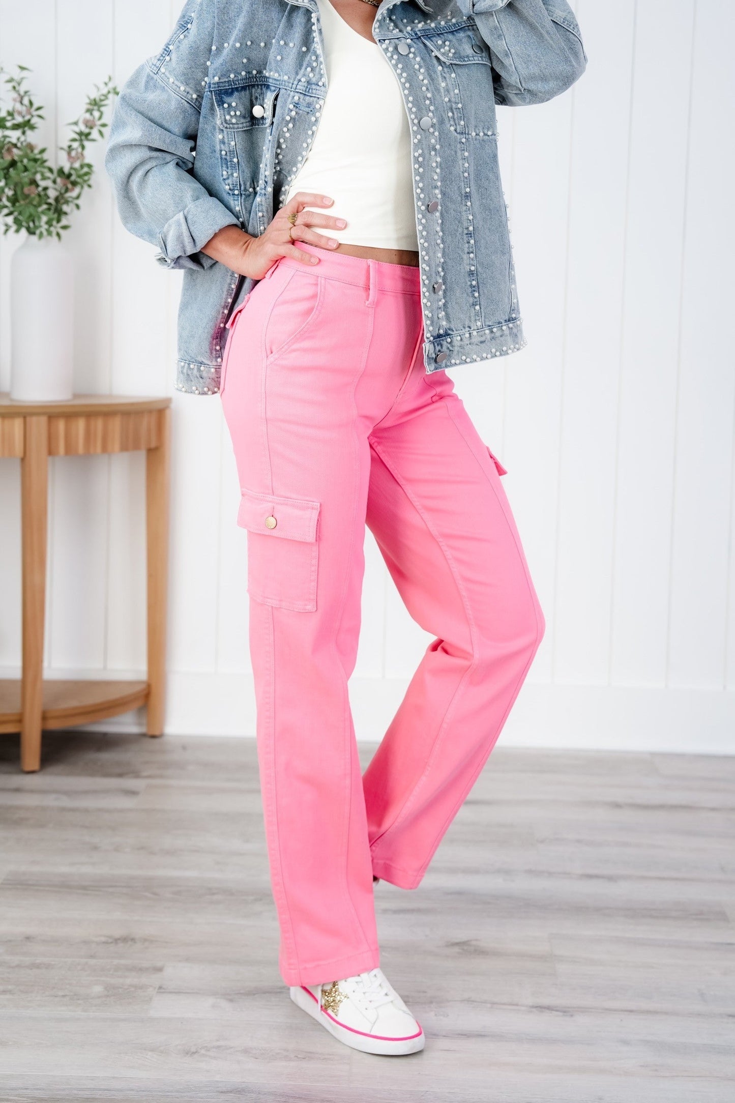 Judy Blue High Rise Pink Garment Dyed Cargo Straight Leg Jeans