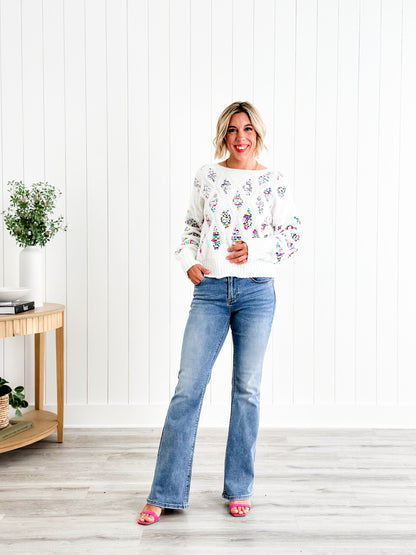 Freckled Poppy X Risen  Wildest Dreams Mid Rise Medium Wash Basic Non Distressed Flare Jeans