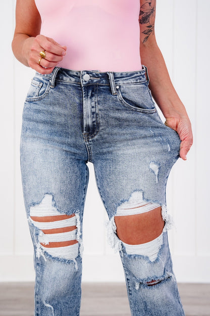 Risen Meant to Be Multiple Inseam High Rise Acid Wash Distressed Flare Jeans