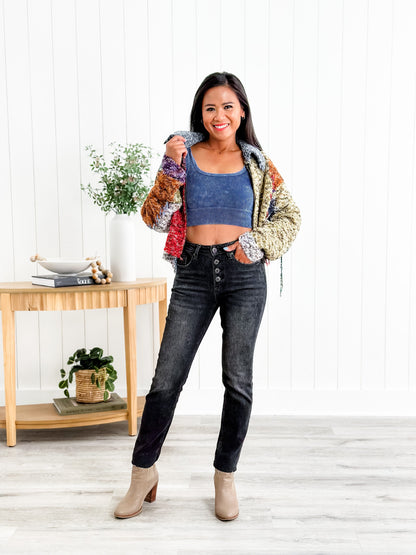 Risen Black Mid Rise Button Fly Relaxed Fit Skinny Jeans
