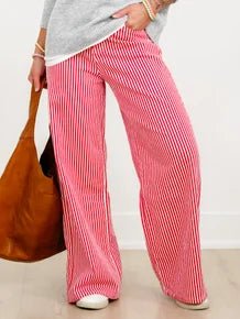 Plus/Reg Red Stripe High Waist Wide Leg Pants - Freckled Poppy