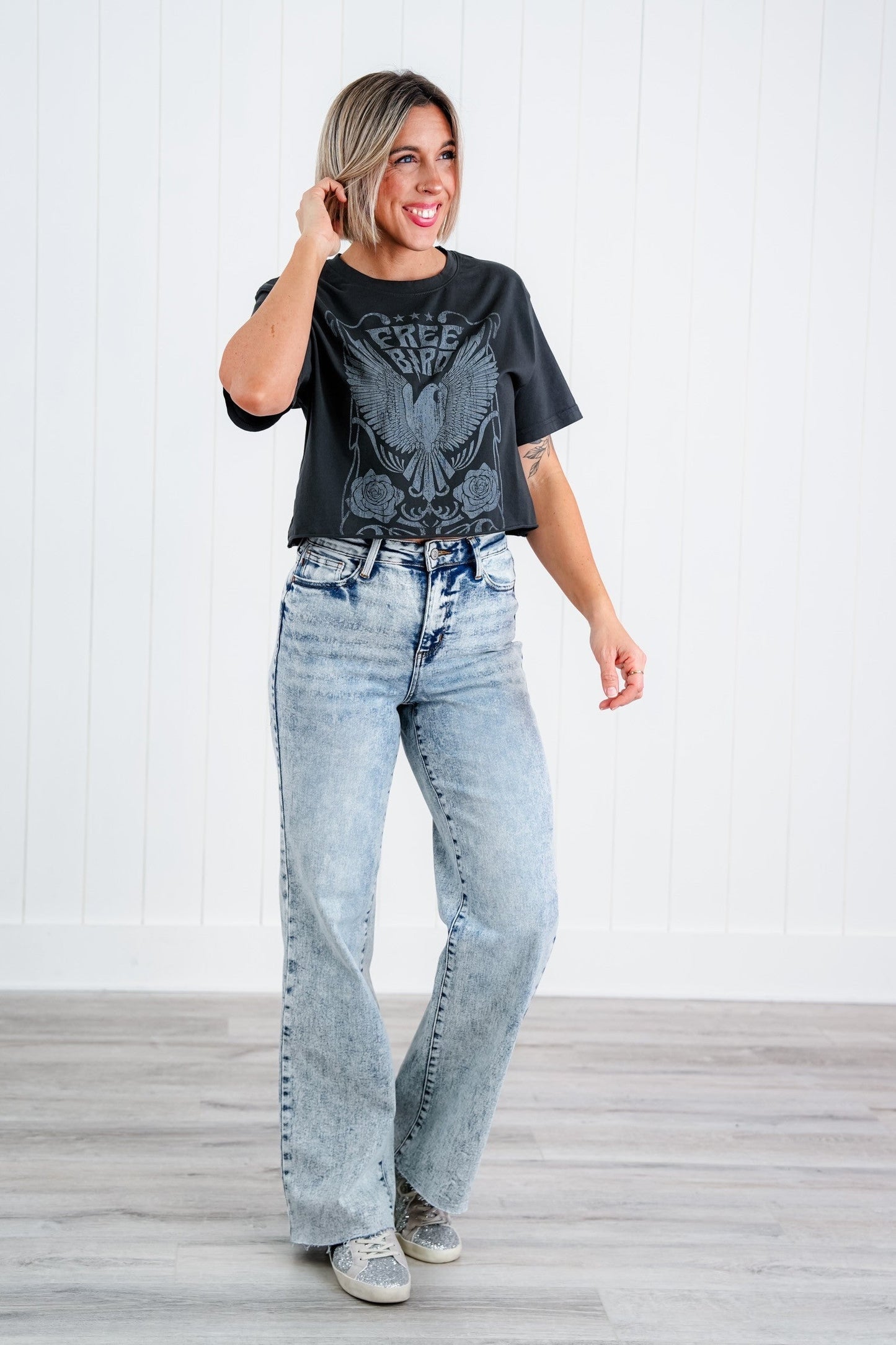 Judy Blue  Bad Blood High Rise Light Mineral Wash Raw Hem Wide Leg Jeans