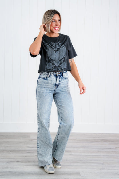 Judy Blue  Bad Blood High Rise Light Mineral Wash Raw Hem Wide Leg Jeans