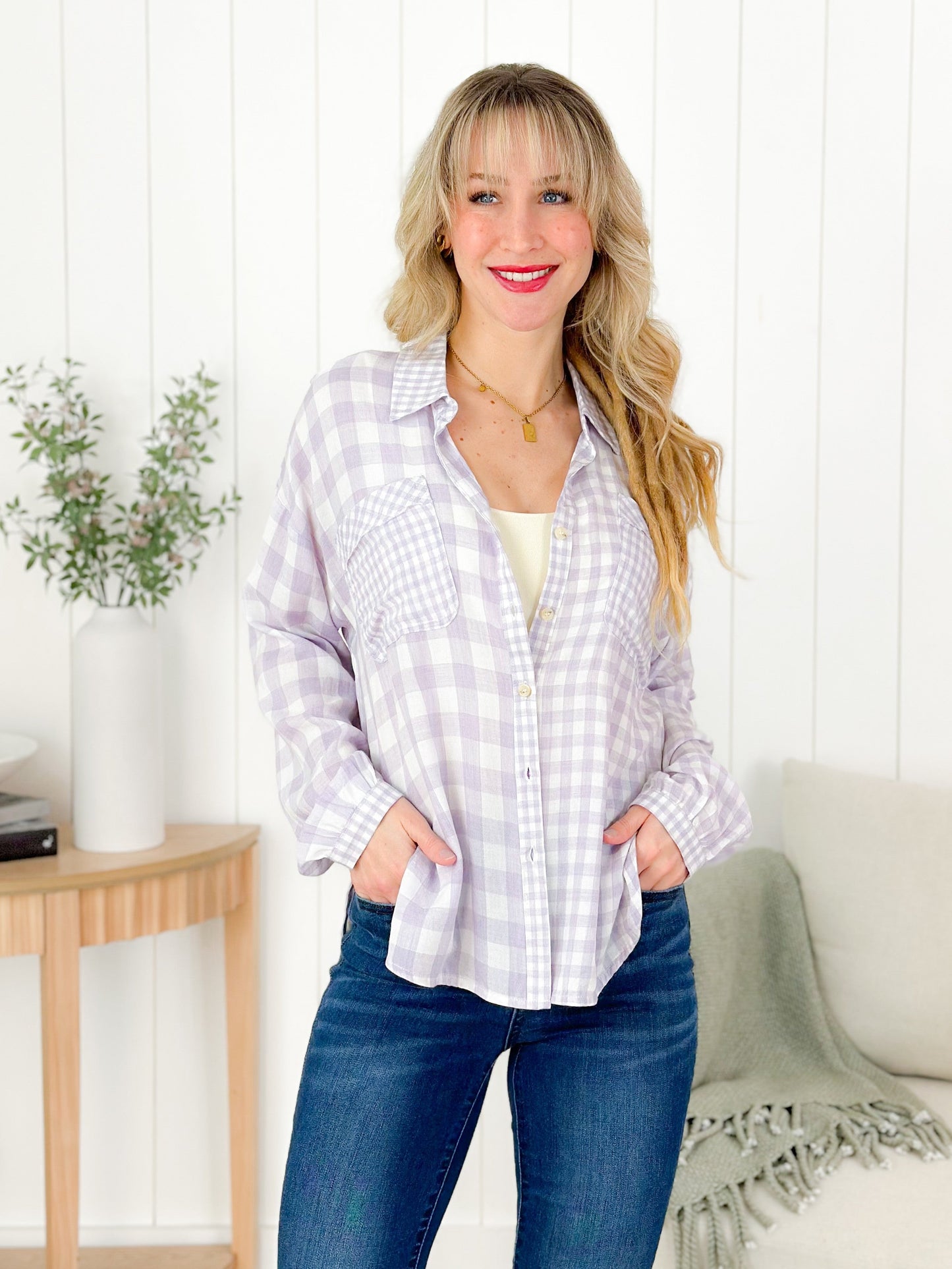 Lavender Plaid Long Sleeve Button Down Shirt