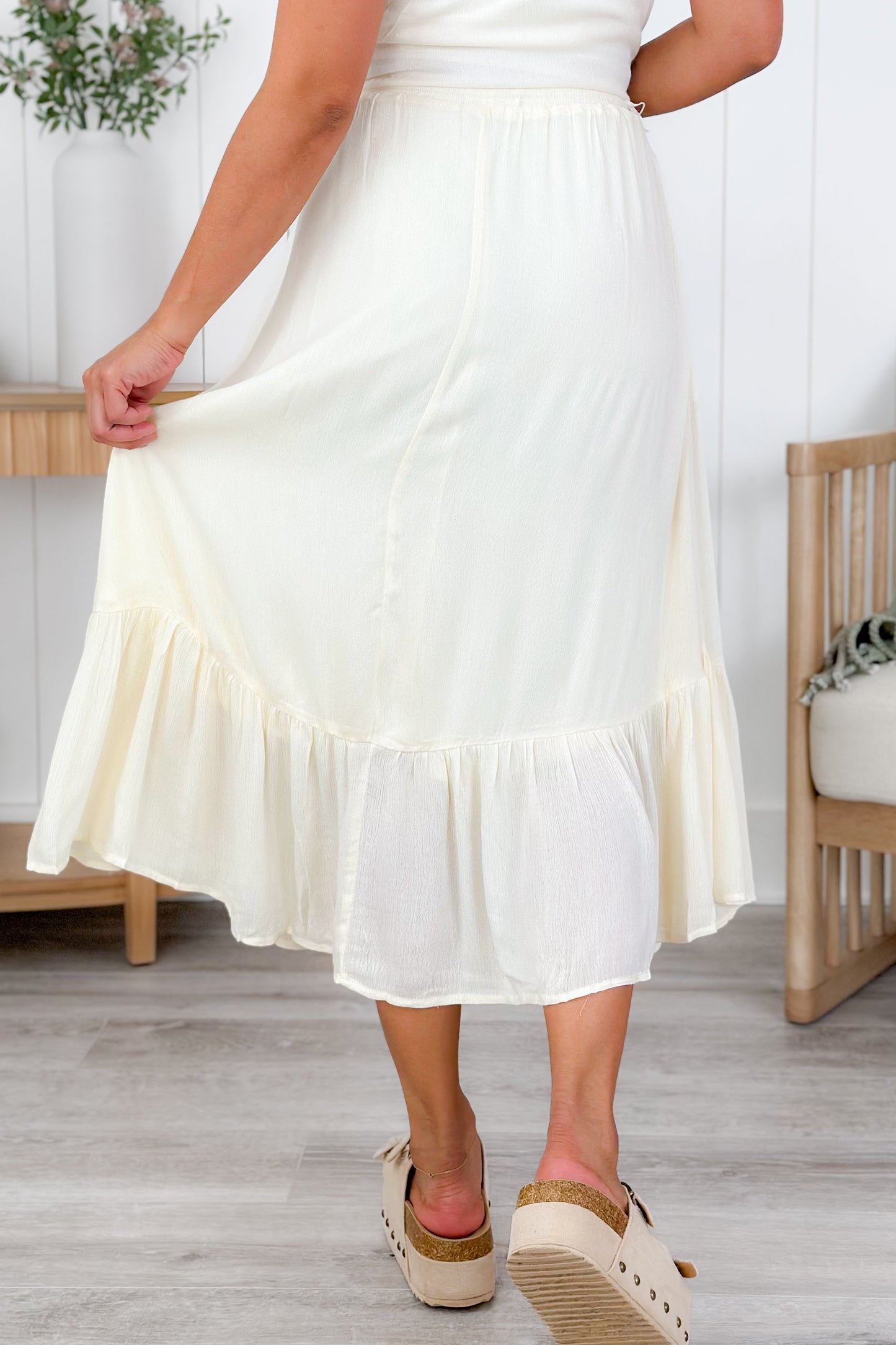 Solid Ruffle Hem Midi Skirt With Elastic Waistband (Multiple Colors)