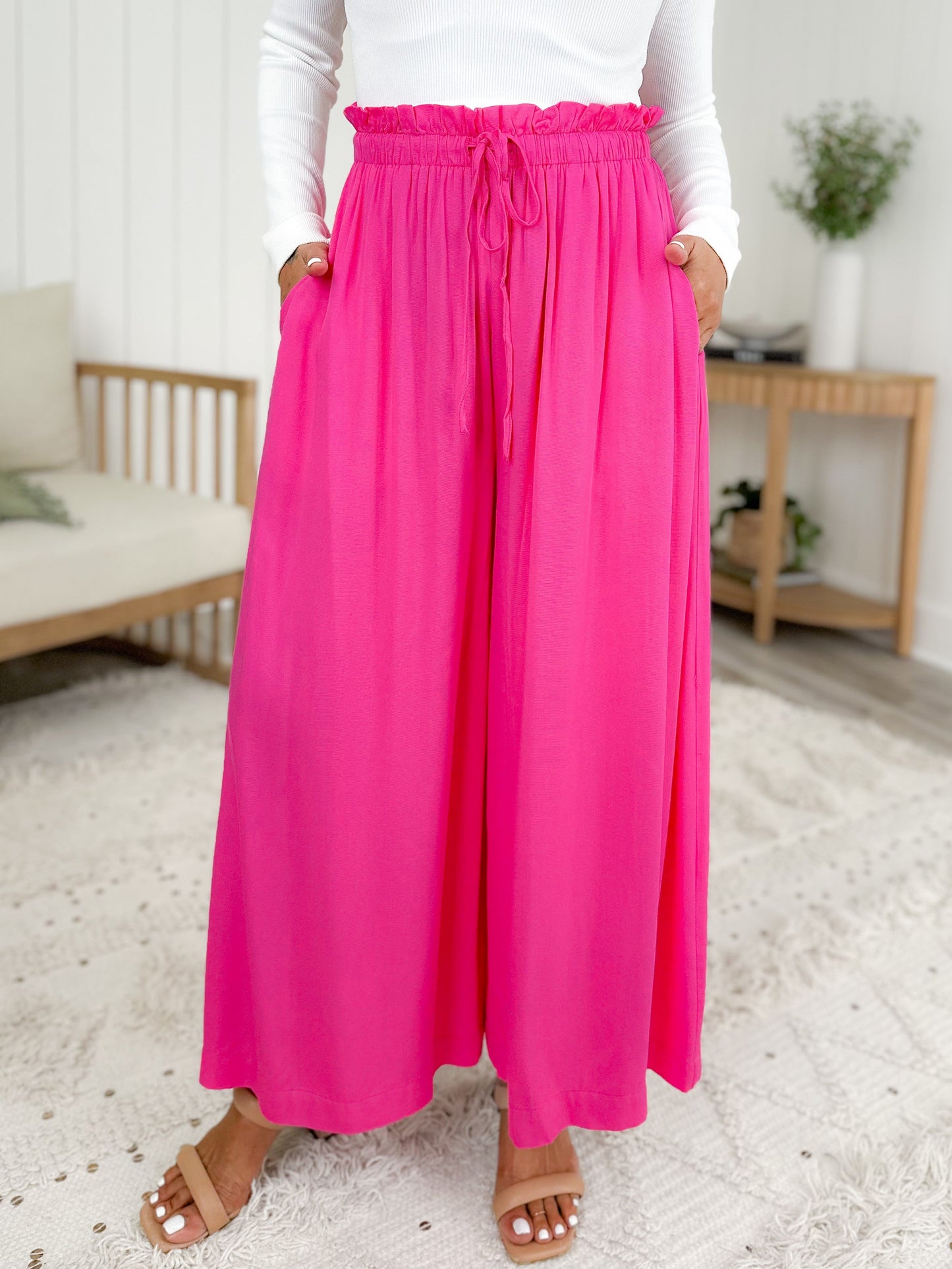 Elastic Waist Wide Leg Pants With Side Pockets (Multiple Colors)