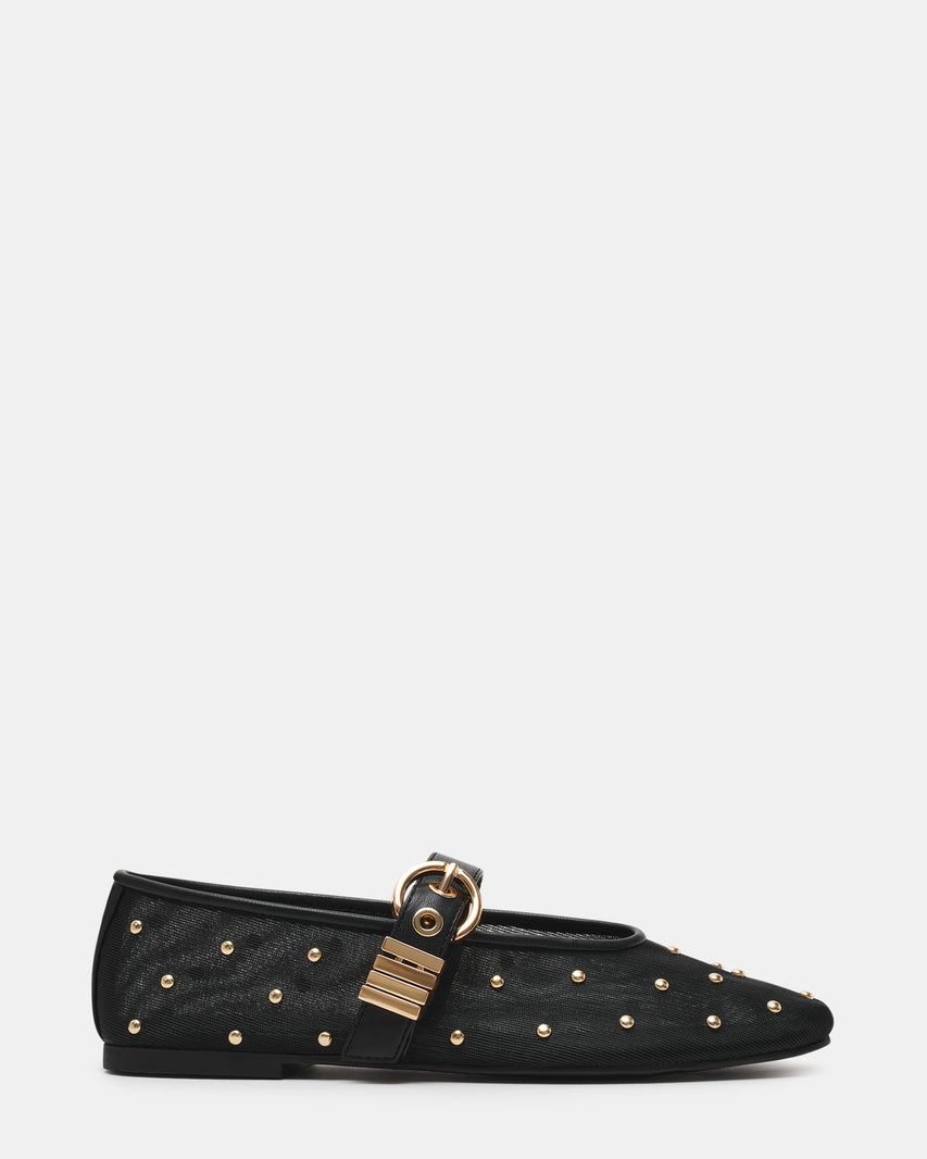 Steve Madden Mesh Flats with Gold Tone Studs and Metal Buckle Strap