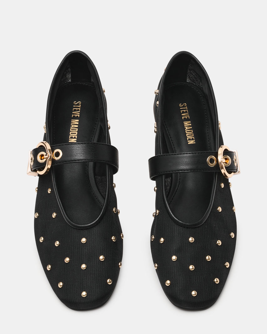 Steve Madden Mesh Flats with Gold Tone Studs and Metal Buckle Strap