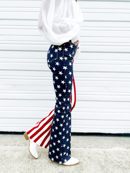 Judy Blue High Rise Stars and Stripes Print Raw Hem Flare Jeans