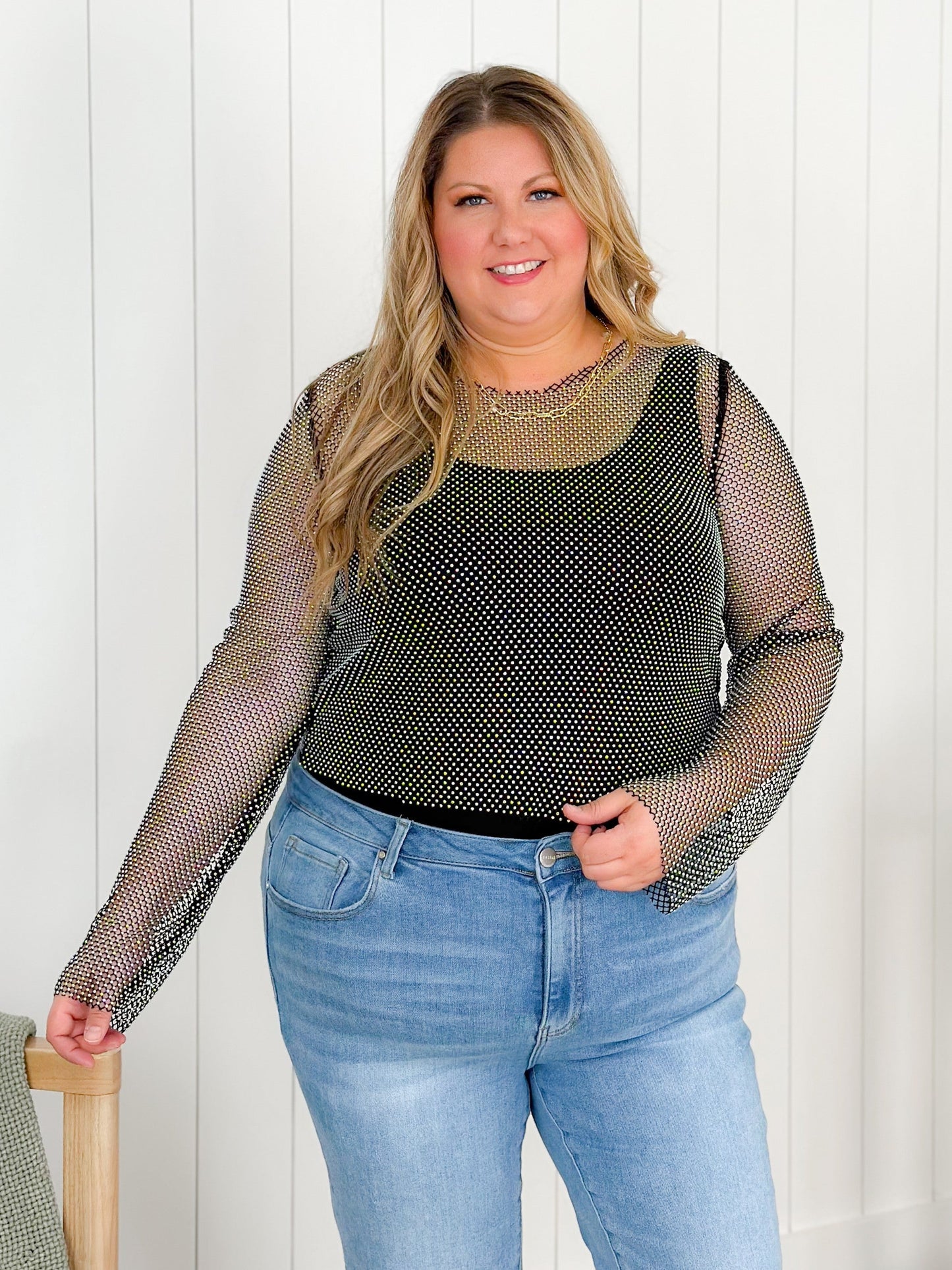 Metallic Rhinestone Mesh Long Sleeve Top (Multiple Colors)