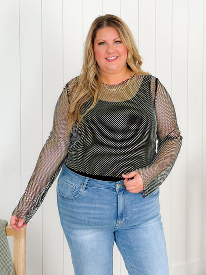 Metallic Rhinestone Mesh Long Sleeve Top (Multiple Colors)