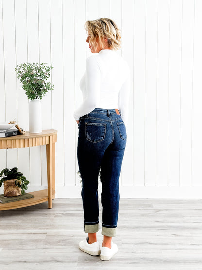 Judy Blue Warm and Cozy Mid Rise Dark Wash Boyfriend Buffalo Plaid Knee Destroy Patches With Cuff Jeans