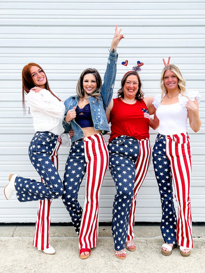 Judy Blue High Rise Stars and Stripes Print Raw Hem Flare Jeans