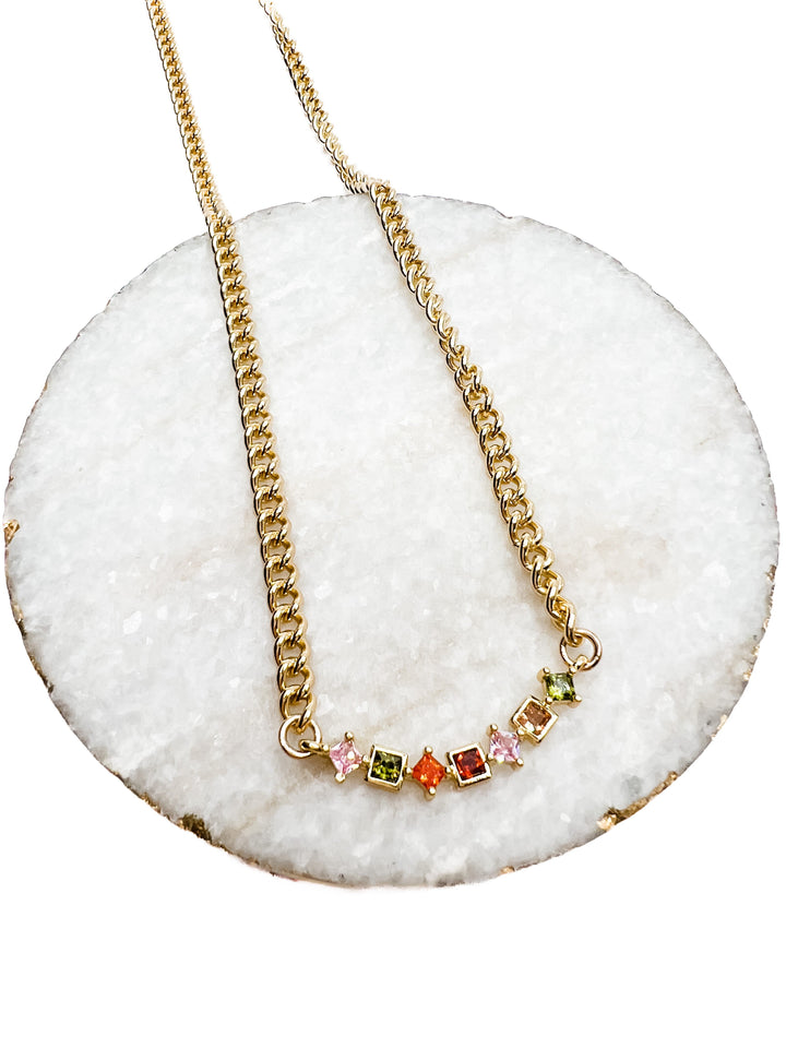 Love, Poppy Colored Cubic Zirconia Curved Necklace