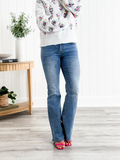 Freckled Poppy X Risen  Wildest Dreams Mid Rise Medium Wash Basic Non Distressed Flare Jeans