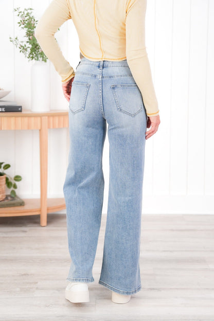 Risen Medium Wash Wide Leg Jeans with Side Slit