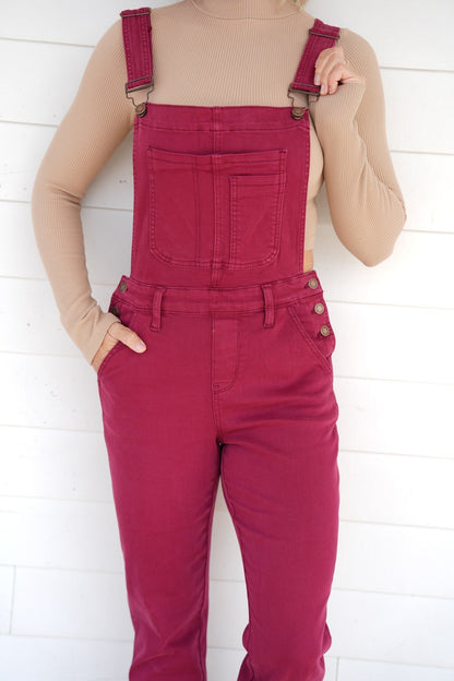 Judy Blue High Rise Maroon Garment Dyed Double Cuffed Boyfriend Overalls