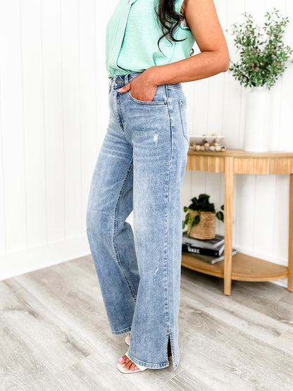 Risen Medium Wash Wide Leg Jeans with Side Slit