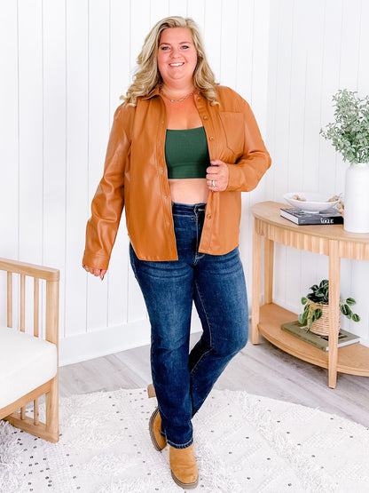 Vegan Leather Long Sleeve Button Down Shacket (Multiple Colors)