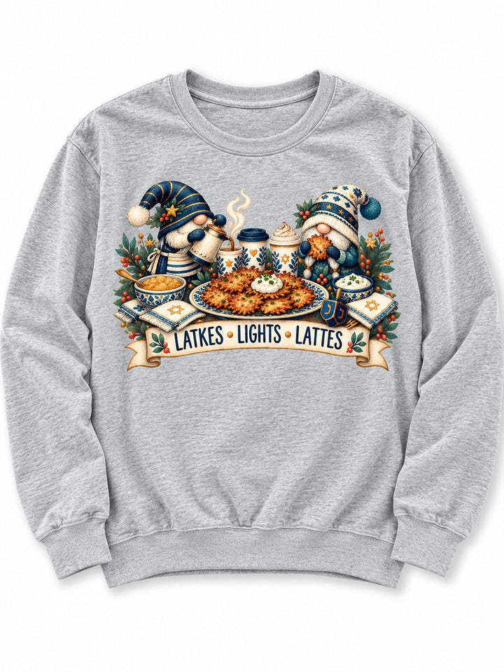 Plus/Reg Long Sleeve "Latkes, Lights, Lattes" Hanukkah Graphic Sweatshirt - Freckled Poppy
