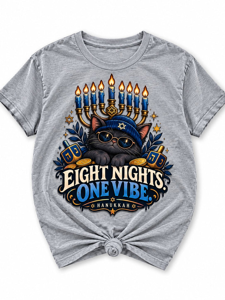 Plus/Reg Short Sleeve "Eight Nights, One Vibe" Hanukkah Graphic Tee - Freckled Poppy